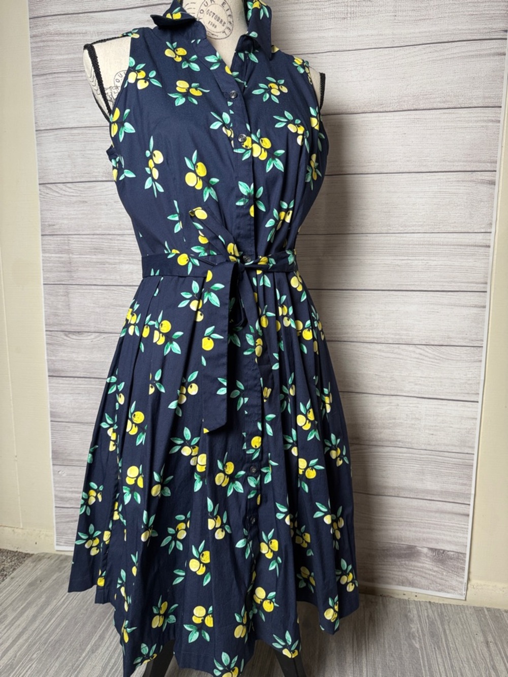 Sleeveless Navy Lemon Print Tie-Waist Dress Size 8 with pockets!